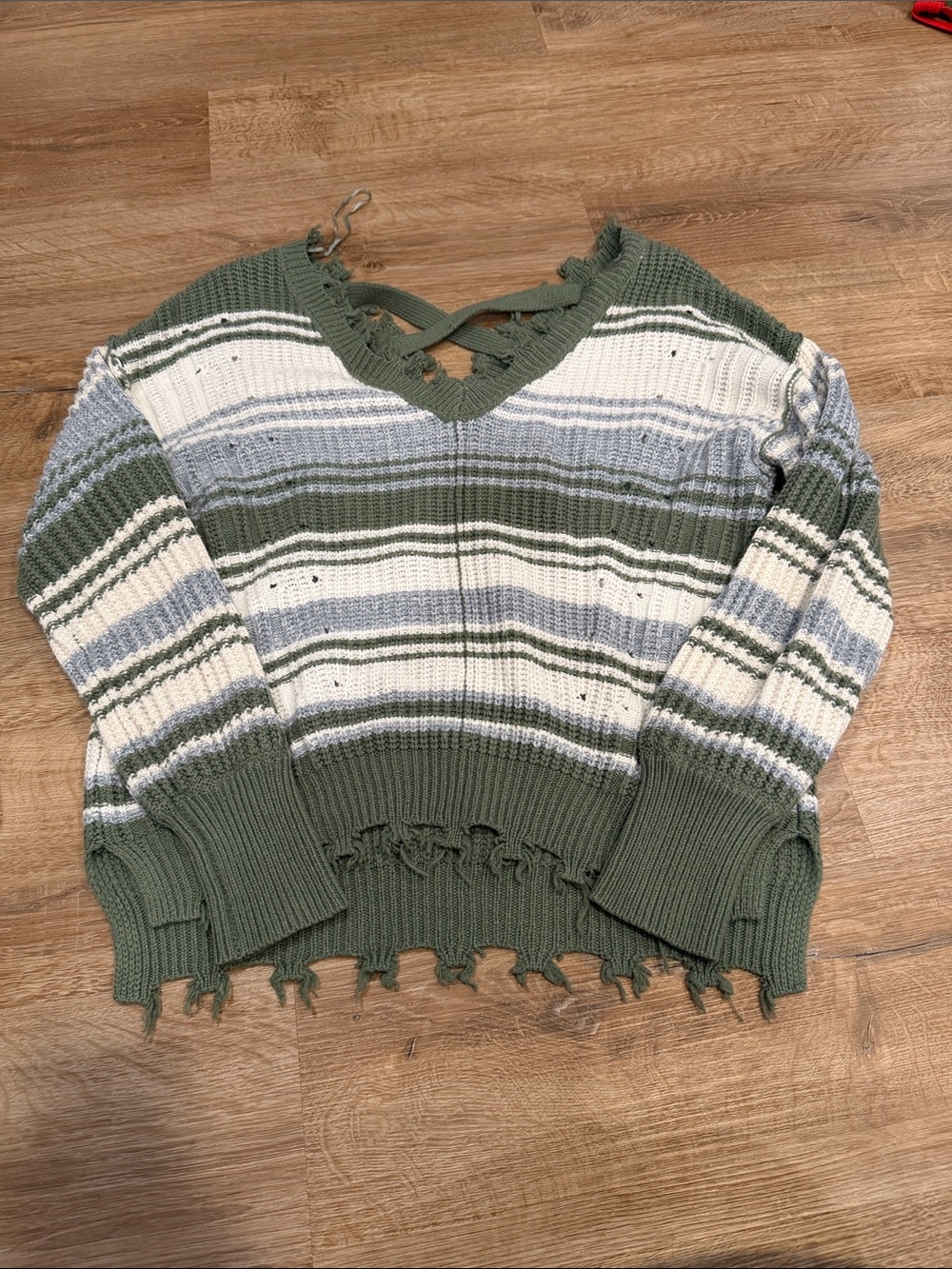 Rue21 Olive, Cream & Light Blue Striped Lace-Up V-Neck Sweater